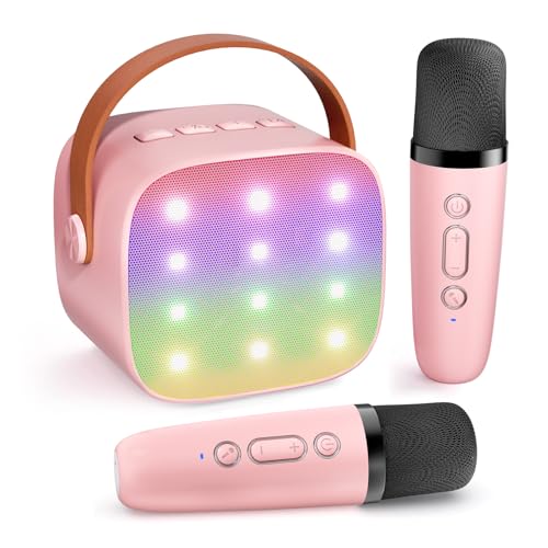 Mini Karaoke Machine for Kids, Haomuren Portable Bluetooth Karaoke Speaker with 2 Wireless Microphones and LED Lights, Christmas Birthday Gifts for Girls Ages 3, 4, 5, 6, 7, 8, 9, 10, 12 +Year Old