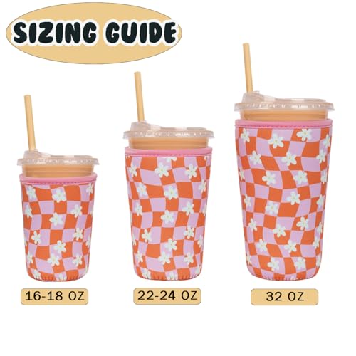 Image of Reusable Insulated Neoprene Iced Coffee Cup Sleeve, Durable Drink Sleeve for Cold Beverages, Beverage Holder for Iced Coffee (Daisy Grid)