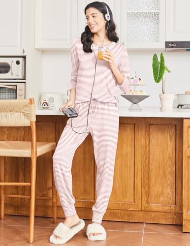 Image of Ekouaer 2 Pack Womens Pajama Sets Long Sleeve Lounge Sets Soft Pj Sleepwear Loungewear