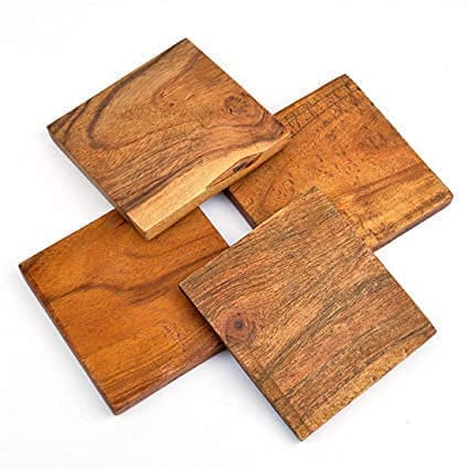 RK Wood Solid Sheesham 4 Piece Wood Tea Coaster Sets - Wood Coasters for Drinks - Drink Coaster Set - (Natural)