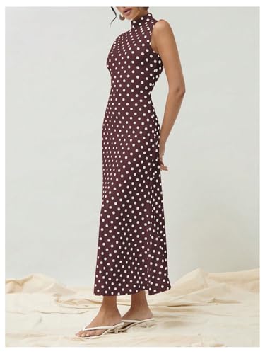 Image of Milumia Women's Polka Dots Maxi Tank Dress Vintage Mock Neck Sleeveless Elegant Long Dresses