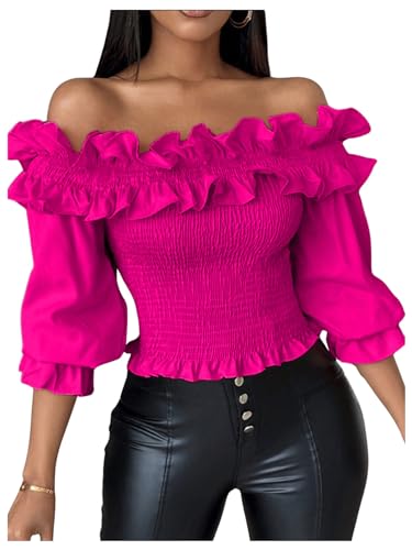 Floerns Women's Ruffle Trim Off Shoulder Flounce Sleeve Shirred Blouse Top Hot Pink