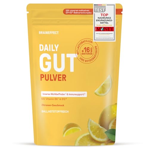 BRAINEFFECT DAILY GUT Probiotisches Getränkepulver mit 16 Mrd. lebenden Bakterien & 7 g Ballaststoffen pro Portion mit Vitamin B1 B2 B6 & B12 Zitronengeschmack 240 g