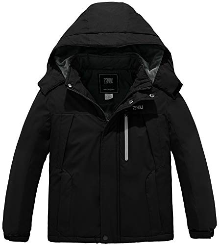 ZSHOW Boy's Waterproof Ski Jacket Windproof Thick Hooded Winter Parka Coat(Black,14-16)