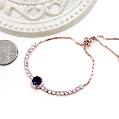 Image of Rose Plated Gold Brass Box Chain Cubic Zirconia Classic Tennis Slider Adjustable Bracelet, Round Big Zircon Charm Give Woman Mom Mother's Day Fashion Crystal Gift