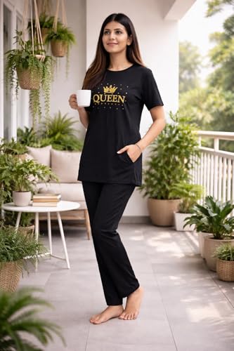 Image of KIAWAH Women's Cotton Night Suit, Long Top and Pajama Set, Round Neck, Short Sleeve,