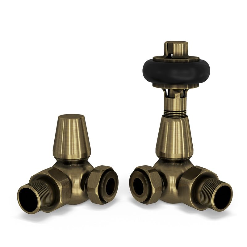 UK Radiators Brushed Antique Brass Finish Thermostatic Radiator Valve and Corner Lockshield, Brushed Antique Brass Finish - Image 2