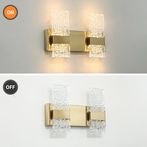 Image of Modern Polished Gold 2 Lights Bathroom Vanity Light, Eleglant LED Bathroom Light Fixtures Over Mirror, Dimmable Acrylic Shade Wall Lighting Fixtures, Hardwired Wall Light(H9.25in, L13.78in)