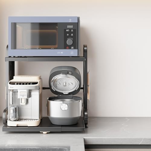 レンジ上ラック 伸縮式 幅38~62cm調節 トースターラック 電子レンジ 台収納 キッチン収納 高耐荷設計 フック6つ付き 組み立て簡単 底部の引き出し可能 2段（ブラック）