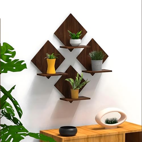 Image of Dime Store Engineered Wood Wall Mount Floating Shelves Set of 4 | Planter Stand Art Hanging Shelf Decor for Wall Display Rack Storage Organizer for Living Room Kitchen Bedroom