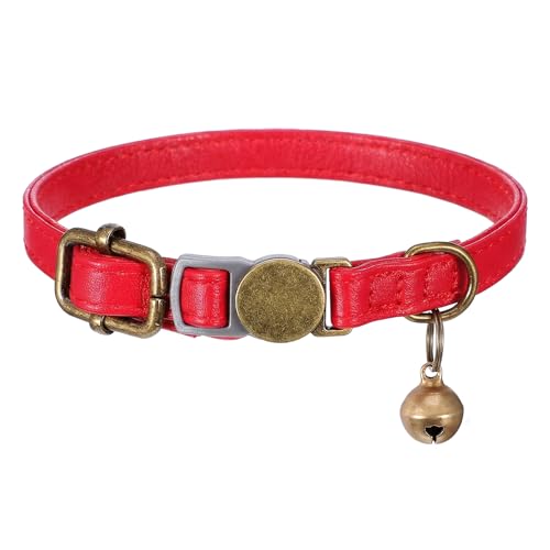 salbsever Red Cat Collar, Breakaway Leather Cat Collar Adjustable Red Kitten Collars with Bell Quick Release Buckle for Most Cats and Kittens
