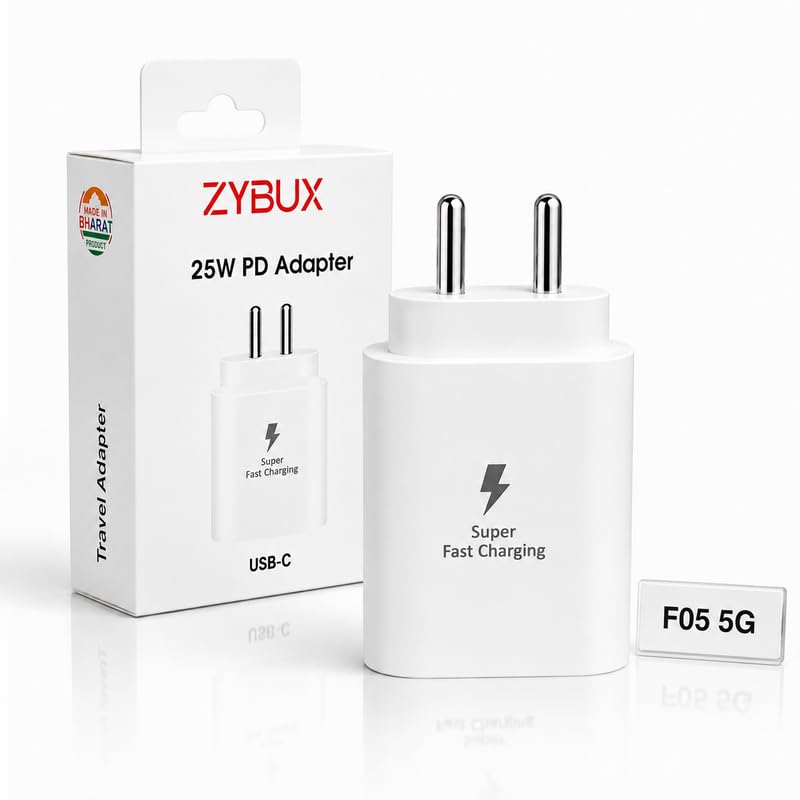 Image of 25W Type-C Superfast Charging Adapter Compatible with Samsung Galaxy F05|A27|A54|A55|A56|A57|M04|M05|M06|M07|M47| F54|F55|F56|F57|F70e | 25 W Fast Charger Adaptor, White