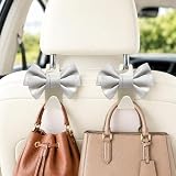 LIFOPY 2 Pack Car Purse Hooks, Cute Bow Car Seat Headrest Hook Hanger for Purses and Bags, Space-Saving Car Accessory (Cream white)