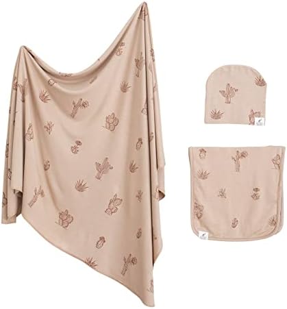 Leyl&Ari Newborn Essentials | Swaddle Blanket Burp Cloth Hat Set (Daises/Butterflies) (Cactus Set)