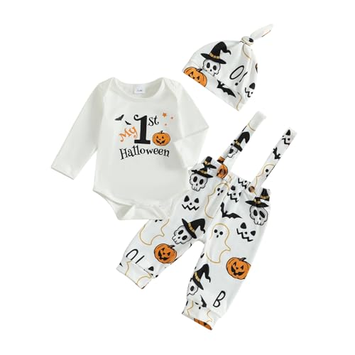 Image of Summffie My First Halloween Baby Boy Outfit Newborn Long Sleeve Romper Supender Pants Hat 3Pcs Halloween Baby Clothes