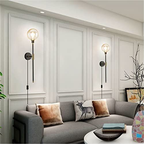 Image of KCO 1-Light Plug in Wall Sconces On /Off Switch Cord Black Modern Wall Mounted Light Fixture with Long Arm Glass Globe Shade Wall Lamp for Bedroom Living Room Kitchen Hallway (Amber & 2-Pack)