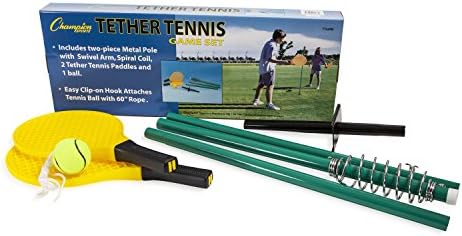 Champion Sports TTGAME Tetherball Tennis: Swingball Outdoor Lawn Game for Kids, Adults, and Families - Backyard Tether Kit with Tennis Ball and Paddle Set