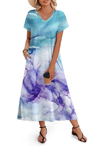 Image of Zeagoo Women Summer Floral Dress Short Sleeve Beach Dress with Pockets Casual V-Neck Split Long T-Shirt Dress Travel Vacation