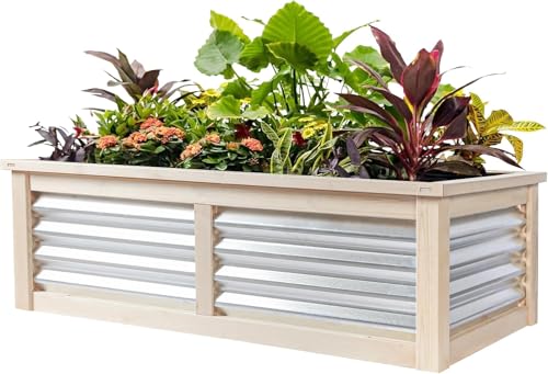 STARREY Wood Raised Garden Bed Outdoor Plant Box Planters for Outdoor 4X2X1.2 FT Plants with Galvanized Metal for Herbs Vegetables Flowers Great Patio Deck Balcony