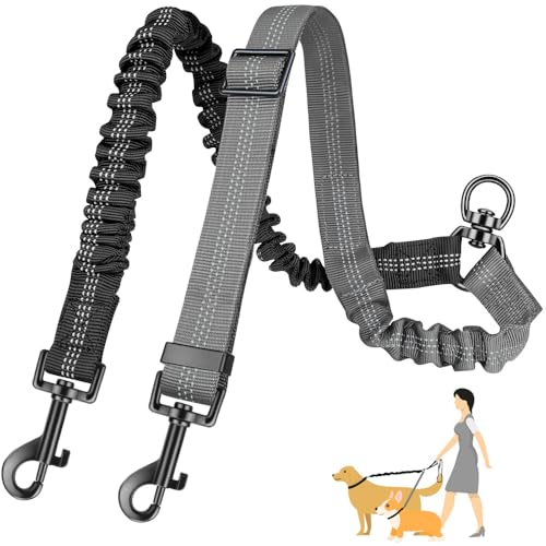 Eyein Doppelte Hundeleine, Verhedderungsfreie 360° drehbare Doppelleinen mit 2 Hunden, Verstellbare reflektierende Splitterleine für kleine mittelgroße und große Hunde, Schwarz & Grau, M
