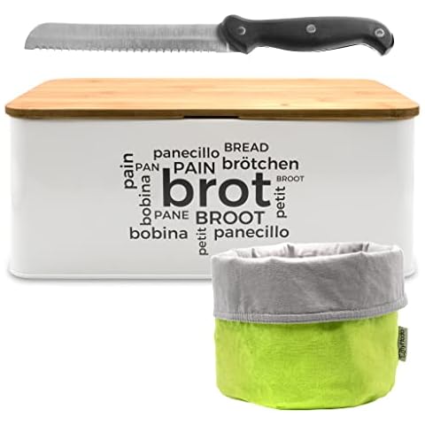 myHodo Panera Metálico con Tapa de bambú, Recipiente para Guardar Pan, Cesta de Pan de Algodón, Tabla de Cortar Cocina de Bambú, Cuchillo de Pan de Acero Inoxidable Cover