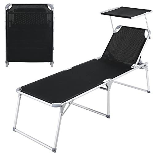 Sonnenliege, liegestuhl mit Dach, Gartenliege klappbar mit 4-Fach Verstellbarer Rückenlehne und 2 Tragegriffen, Alu-Freizeitliege, Gartenstuhl für Balkon, Garten, Terrasse, bis 120kg, Schwarz Cover