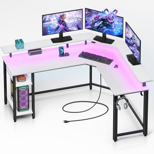 Image of Rolanstar L Shaped Gaming Desk with LED Lights & Power Outlets, 55.1 inch Computer Desk with Full Monitor Stand & Storage Shelf, Corner Desk with Hooks, White Desk Reversible