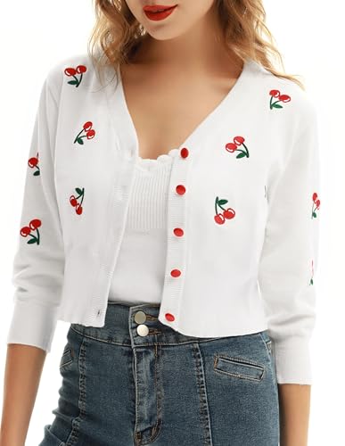 Image of Belle Poque Women's 3 /4 Sleeve V-Neck Button Down Cherries Embroidery Cropped Cardigan Sweater Coat