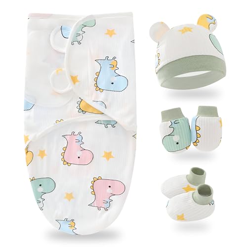 Image of BEMBIKA Newborn Baby Essentials Dress Set Clothing Combo With Swaddle Wrap, Mittens, Cap And Booties- (Dino Print - Set Of 4)