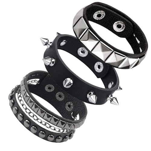 3 Pcs Punk Rock Studded Bracelet Set Spiked Leather Cuff Bracelet for Men Women 80s Wristband Emo Bracelet Adjustable