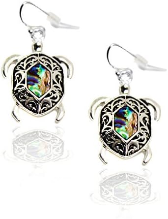Antiqued Silver Sea Turtle Drop Earrings with Black Filigree and Abalone [Island Style]