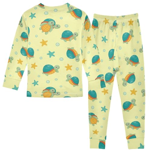 Pajama Sets Long Sleeve Turtles Stars Bubbles Yellow Background Soft Comfy Sleepwear 2 Piece PJS 3-8T3