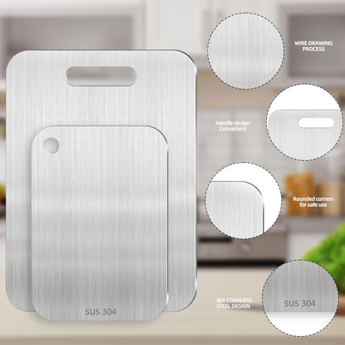 Miniatura 3 de Piuluvor 2 Piezas Juego De Tablas De Cortar De Titanio, Tabla De Cortar De Titanio De Acero Inoxidable 304, Tabla De Cortar De Doble Cara De Grado Alimenticio Para Carne, Verduras Y Frutas