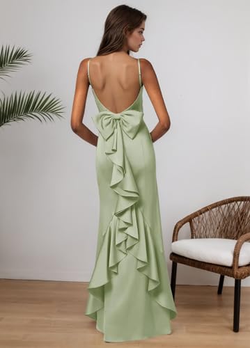 Satin Ruffles Bridesmaid Dresses for Women Backless Long Backless Formal Wedding Guest Dress with Bow2