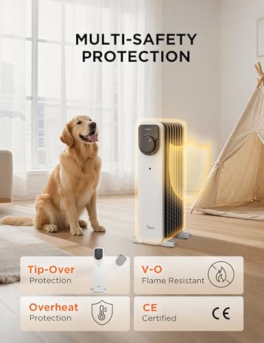 Midea Oil Filled Radiator, 2000W, 9-Fin Portable Electric Heater with Knob Controls, Adjustable Thermostat, 3 Heat Settings, Tip-Over & Overheat Protection, UltraQuiet Operation for Office & Home Use