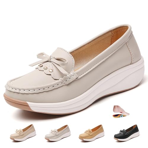 ZPLMIDE Mocasines ortopédicos de plataforma para mujer con cadena, zapatos ortopédicos para caminar para mujer, mocasines de plataforma con cuña sin cordones, mocasines clásicos, gris, 0 UK