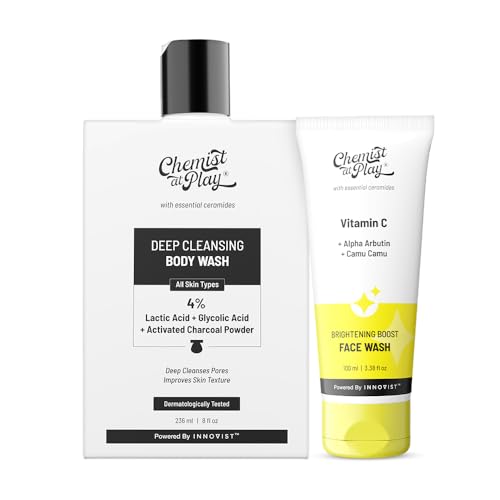 Image of Chemist At Play Deep Cleansing Activated Charcoal Body Wash & 30x Vitamin C Face Wash Combo | Exfoliates, Controls Oil & Fades Dark Spots | Detox, Anti-Pollution, Vegan | 236ml + 100ml