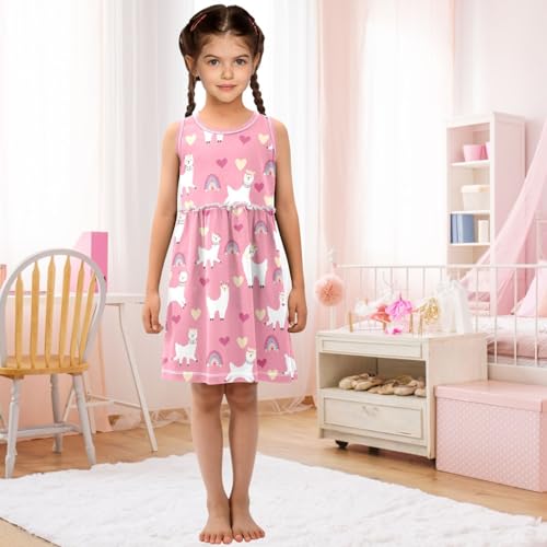 Girl Sleeveless Dress Summer Tank Play Dress Outfit Rainbow Heart Happy Alpaca Pink 2T-8T3