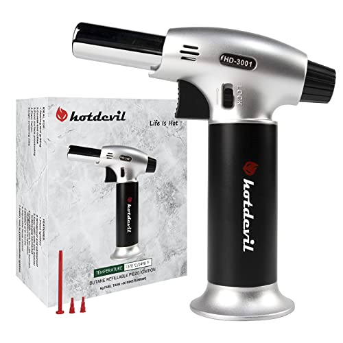 Hotdevil Butane Torch 6G Refillable Tank Cooking Kitchen Torch Lighter Fit All Butane Cartridge Blow Torch/W Safety Lock Adjustable Flame For Bbq Creme Brulee Dessert Baking (Butane Gas Not Include) #TOP5