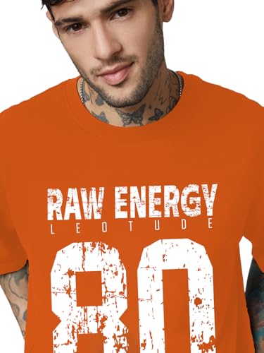 Image of LEOTUDE Men Half Sleeve Round Neck Graphic Font Printed Cottonblend Oversized Tshirts (Colour: Orange)