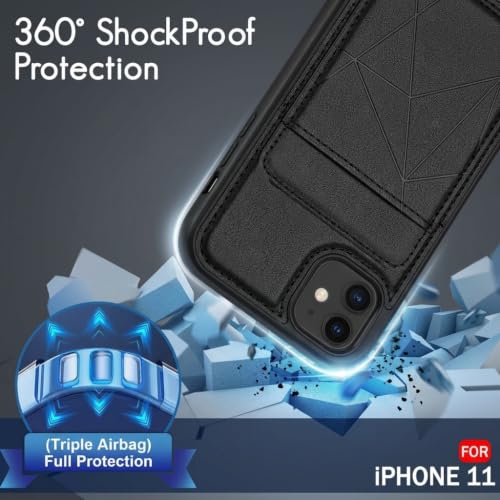 Image of amazon basics Premium Vegan Leather Back Cover with Card Holder and Integrated Mobile Stand for iPhone 11 - Slim Shockproof Wallet Case with Geometric Stitching [Black]