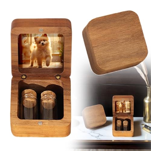 Boîte à souvenir en bois 2025 avec couvercle photo et fiole en verre – Porte-cendres en fourrure de chien et chat (A)
