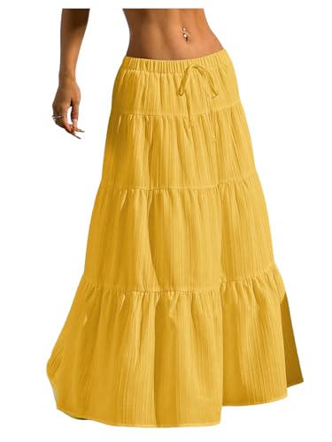 Image of Verdusa Women's Long Maxi Skirt Boho Flowy Flared Ruffle Skirts 2026 Beach Vacation Summer Going Out Outfits