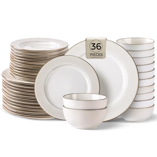 Image of GBHOME Ceramic Dinnerware Sets, 36 pcs Embossed Elegant Stoneware Plates and Bowls Sets, Housewarming Wedding Gift | Dishwasher & Microwave Safe | Dishes Set Service for 12