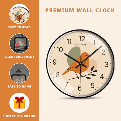 Image of Auromin Clock for Living Room Stylish - Designer Wall Clock | Modern Aesthetic Clock | Silent Non-Ticking Analog Wall Watch for Bedroom, Hall & Office (Beige-Bird, 30 cm)