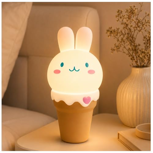 Image of LOHAS Bunny Ice Cream Cute Night Lights, 7 Colors Kawaii Desk Decor, Pat Control and Rechargeable Base, Funny Gift, Bedroom and Nursery Decor