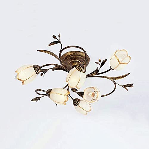 Ottoson Rustic Flower Vine Semi Flush Mount Ceiling Light Wrought Iron Light Fixtures Farmhouse 6 Lights Antique Ceiling Mounted Chandelier With Rural Cream Glass Shade, 23.6" W #TOP7