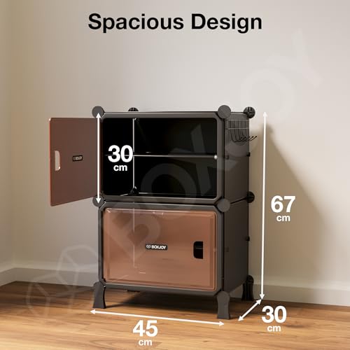 Image of BOXJOY 4 Shelf Black Shoe Rack for Home with 2 Brown Doors, Hard PET Plastic with Metal Door Frame, Shoe Chappal Slipper Sandals Stand