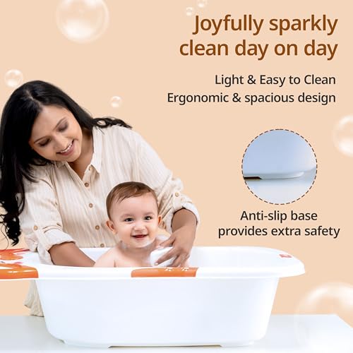 Image of LuvLap Bubble Baby Bath tub with Soft Curved Edges, 6 Months to 3 Years, Ergonomic &Spacious Baby Bathing tub, Bathing Essential, BPA Free Durable Material with Non-Slip Base(White &Orange)