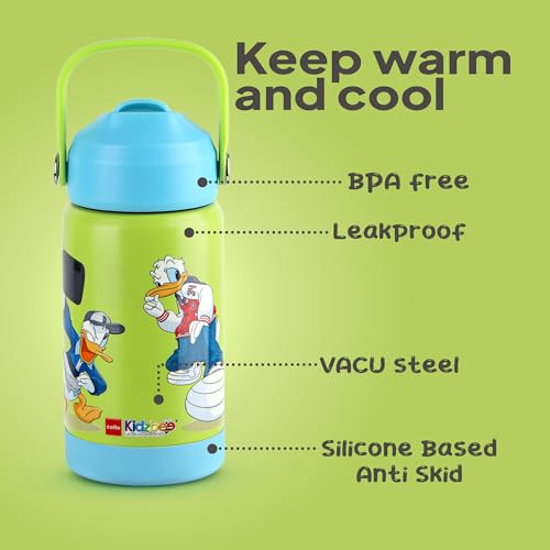 Image of CELLO Kidzbee Gen Alpha Insulated Stainless Steel Kids Water Bottle 370 ml | 3D Donald Duck Touch & Feel Design Leakproof Lightweight Easy to Carry Hot and Cold Flask Kids Water Bottle for School